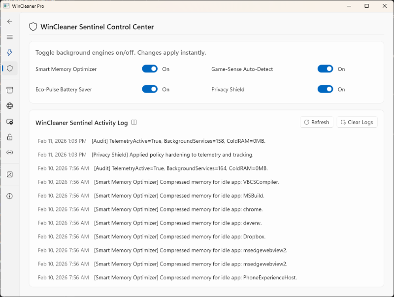 WinCleaner Sentinel Control Center screenshot